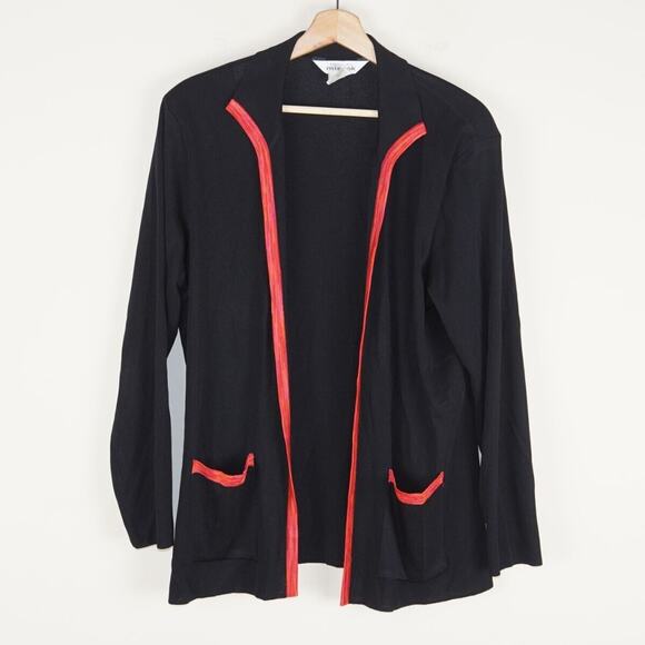 Exclusively Misook Black Knit Red Trim Open Front Cardigan Jacket Womens Sz L - Picture 1 of 7